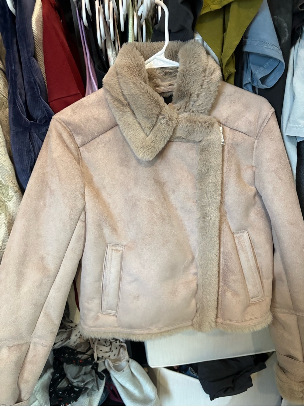Hollister Plush Faux-Shearling Jacket in Light Taupe